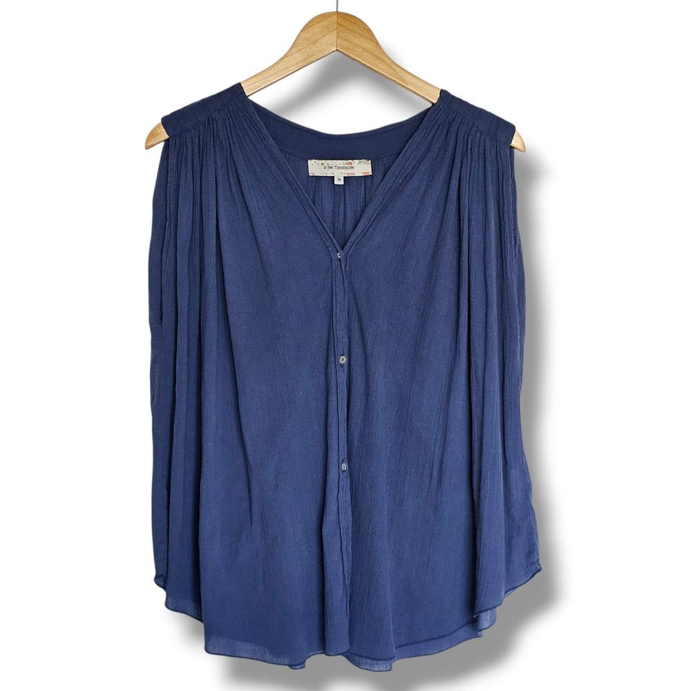 La Fee Maraboutee French Chic Top 38 Womens Blue Crinkle Cotton Gauzy Oversized